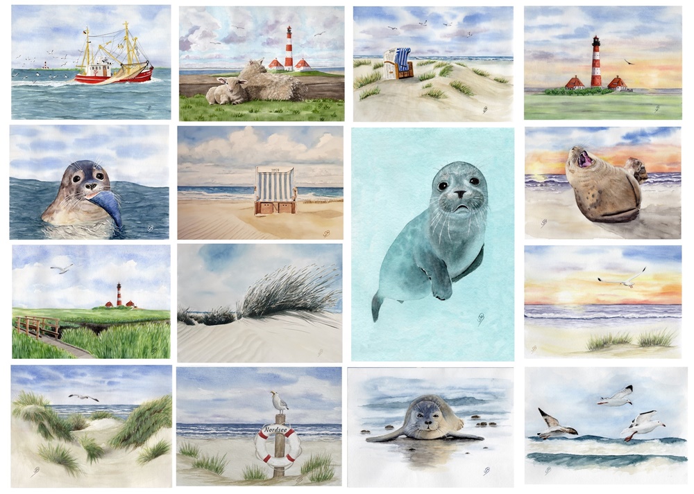 Kunstdrucke Postkarten Aquarelldrucke A6 - Nordsee Motive