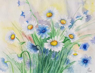 Original Aquarellbild 30 x 40 cm, Sommerblumen - Feldblumen - Wiesenblumen