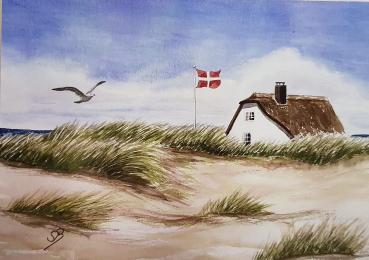 Aquarell DIN A5 Bild Aquarelldruck Dänemark Strandhaus Strand Düne Meer Möwe