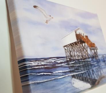 Sankt Peter-Ording SPO Strand Pfahlbauten - Aquarell Kunstdrucke auf Leinwand - Keilrahmen 30 x 20 cm