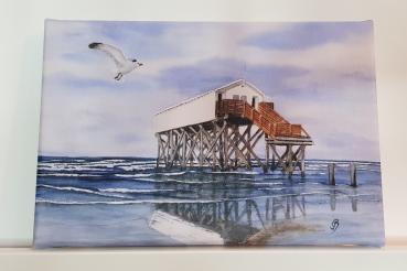 Sankt Peter-Ording SPO Strand Pfahlbauten - Aquarell Kunstdrucke auf Leinwand - Keilrahmen 30 x 20 cm