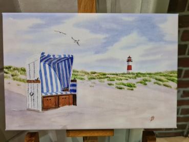 Strandkorb Leuchtturm Sylt List Strand  - Aquarell Kunstdrucke auf Leinwand - Keilrahmen 30 x 20 cm