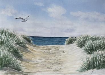 Aquarell DIN A5 Bild Aquarelldruck  Strandweg Düne Meer