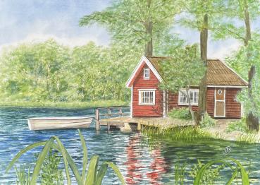 Fine Art Print in Fotoqualität auf Hahnemühle Papier, matt. Motiv Schweden Schwedenhaus Landschaft See DIN A3