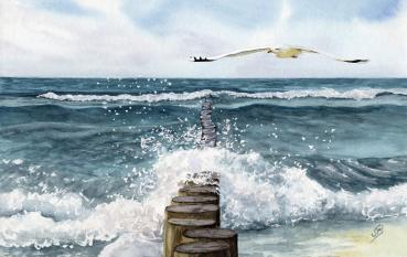 Brettchen Frühstücksbrettchen Aquarell - Strand Wellenbrecher Meer Ostsee Sylt18