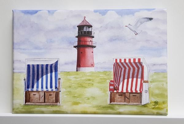 Büsum Leuchtturm Strandkörbe - Aquarell Kunstdrucke auf Leinwand - Keilrahmen 30 x 20 cm