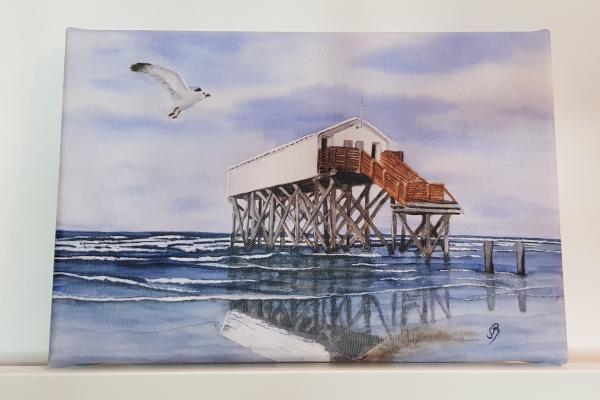 Sankt Peter-Ording SPO Strand Pfahlbauten - Aquarell Kunstdrucke auf Leinwand - Keilrahmen 30 x 20 cm