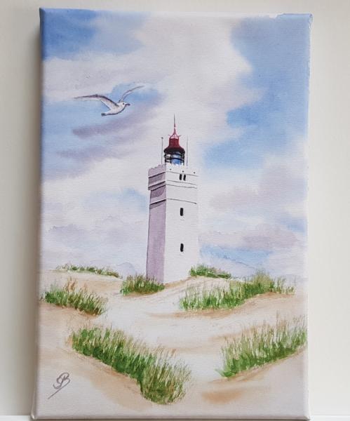 Blavand Blåvand Lighthouse Denmark - watercolor art prints on canvas - stretcher frame 30 x 20 cm