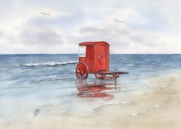 Aquarell Druck A4 Strand Insel Borkum Badekarre Meer Düne Möwe Nordsee Aquarelldruck