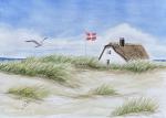 Aquarell DIN A4 Bild Aquarelldruck Dänemark Strandhaus Düne Meer Möwe